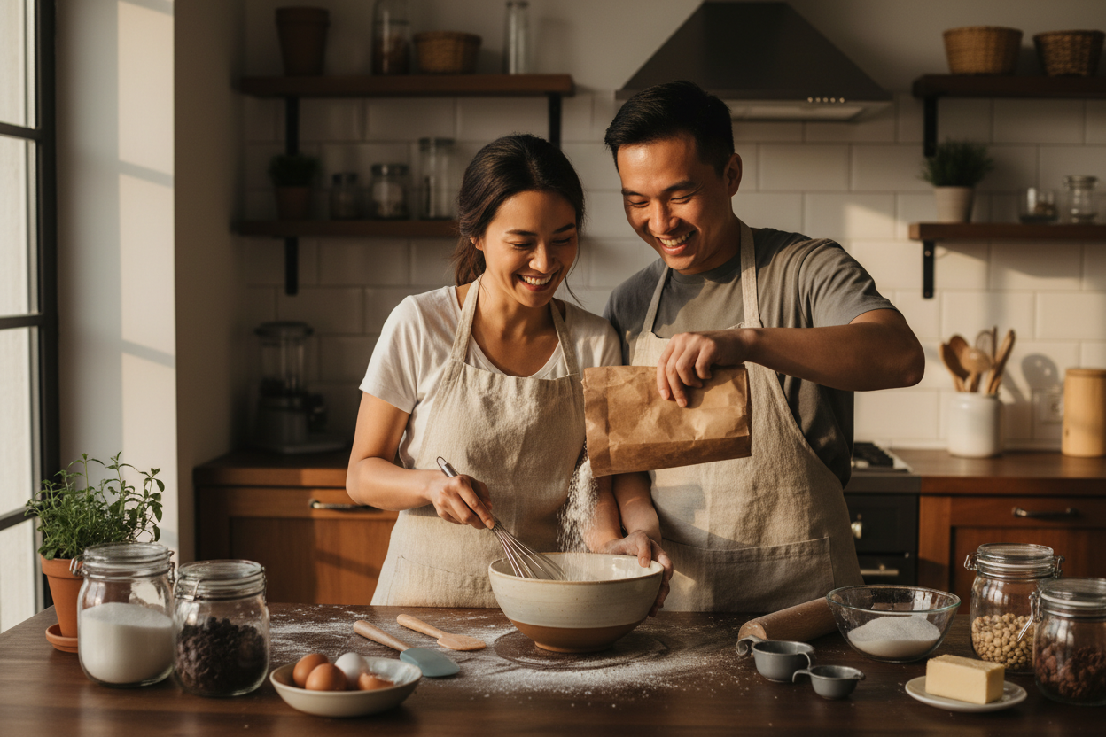An asian couple baking